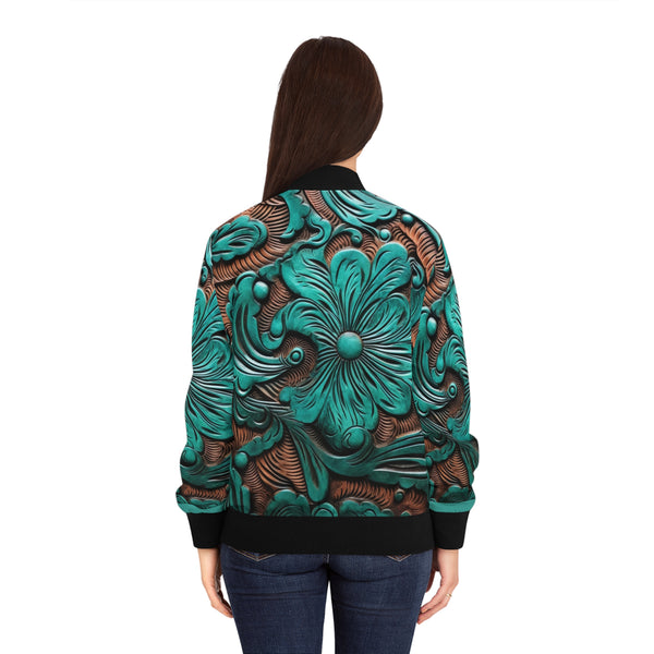 Teal  Faux Leather Flower Women's Bomber Jacket