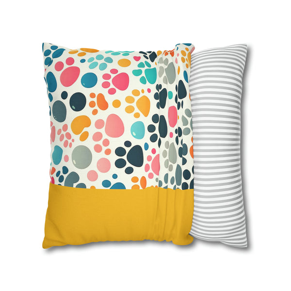 Yellow Dog Paw Print Spun Polyester Square Pillowcase