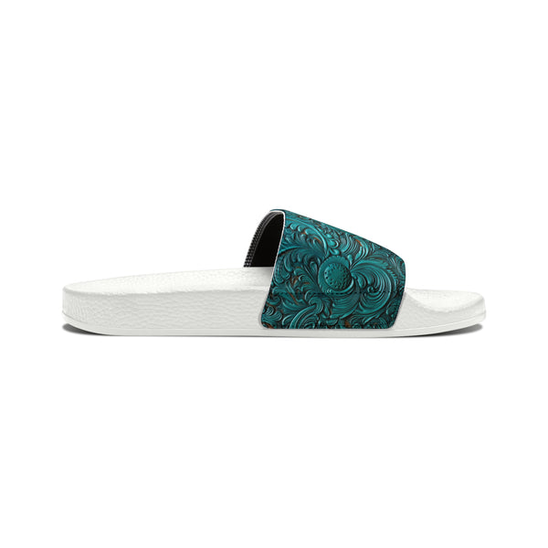 Teal Flower Faux Leather Women's PU Slide Sandals