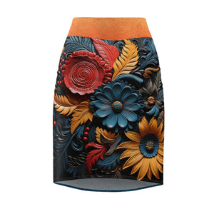 Teal/Blue 3D Flowers Women's Pencil Skirt