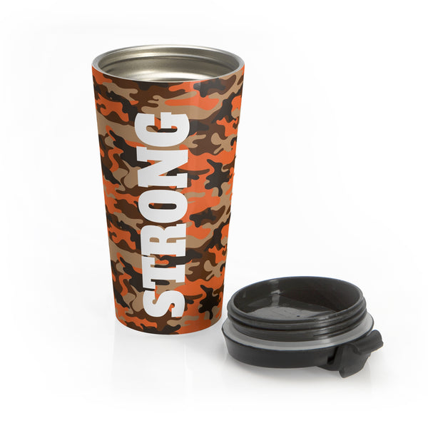 Strong, Drive & Motivated Orange Camo Stainless Steel Travel Mug 15 oz.