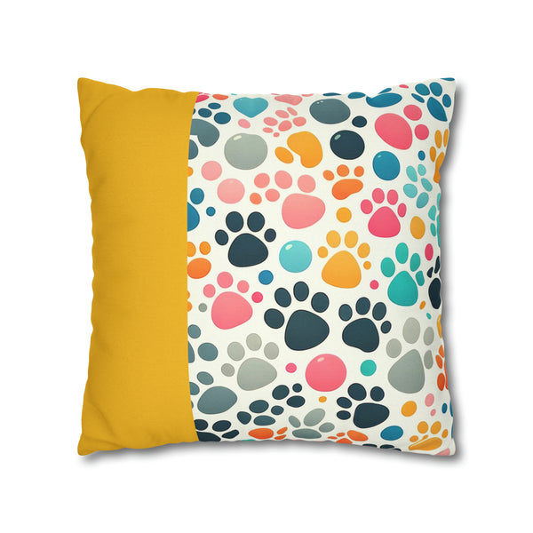 Yellow Dog Paw Print Spun Polyester Square Pillowcase