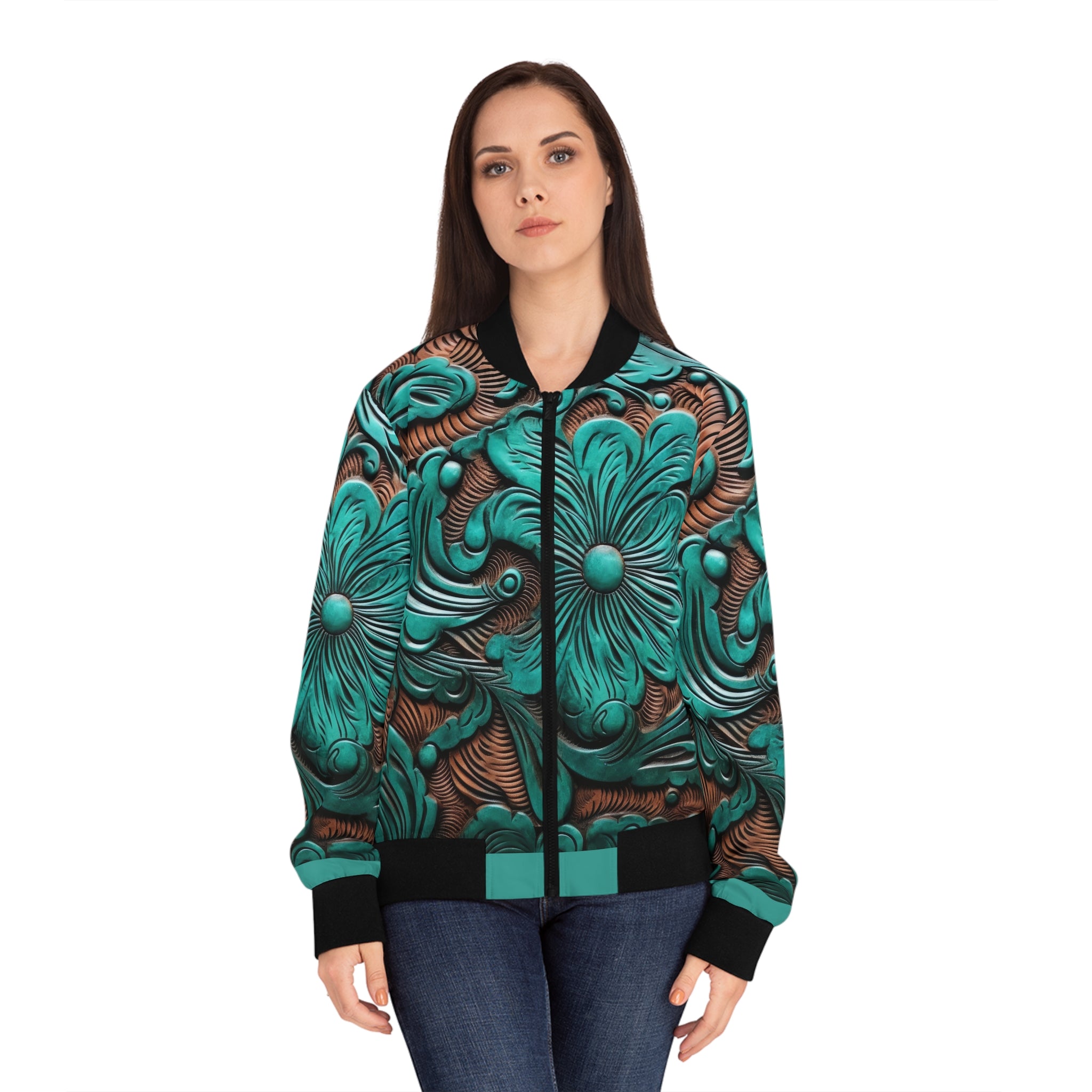 Teal  Faux Leather Flower Women's Bomber Jacket