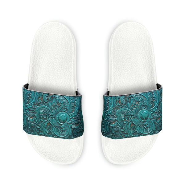 Teal Flower Faux Leather Women's PU Slide Sandals