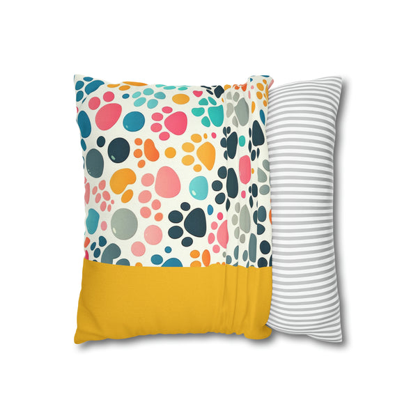 Yellow Dog Paw Print Spun Polyester Square Pillowcase