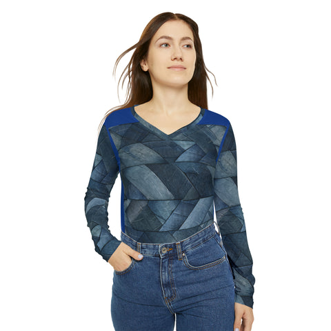 Denim Print Women's Long Sleeve V-neck Shirt