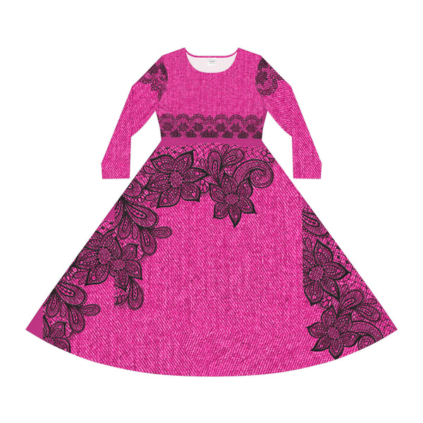 Pink Lace Women's Long Sleeve Dance Dress