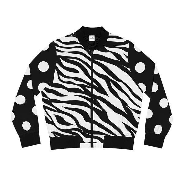 Black & White Print Cheetah, Zebra & Polka Dot Print Women's Bomber Jacket