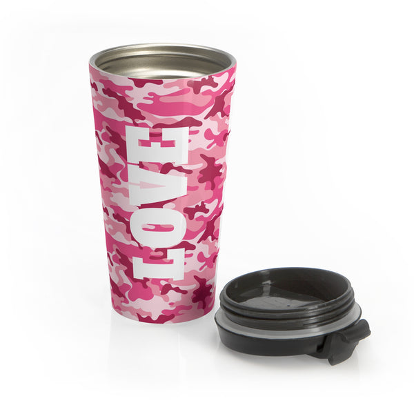 Love, Peace & Energy Pink Camo Stainless Steel Travel Mug 15 Oz.