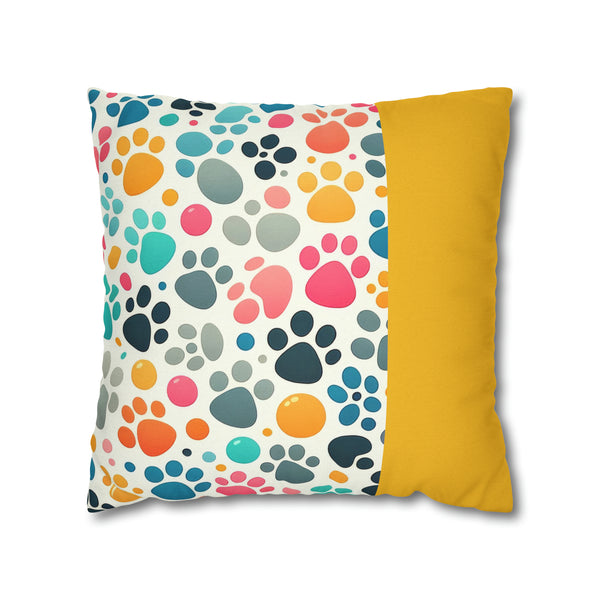 Yellow Dog Paw Print Spun Polyester Square Pillowcase