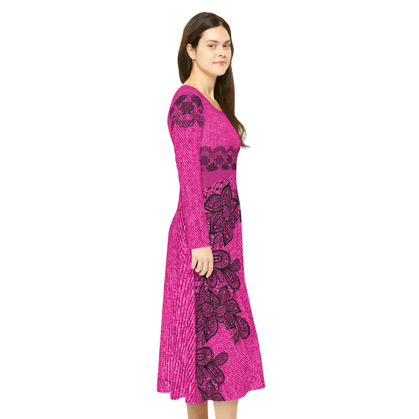 Pink Lace Women's Long Sleeve Dance Dress