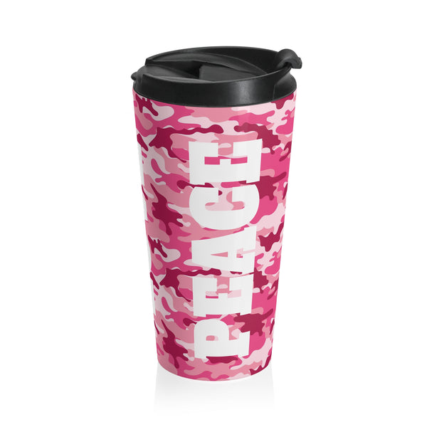 Love, Peace & Energy Pink Camo Stainless Steel Travel Mug 15 Oz.