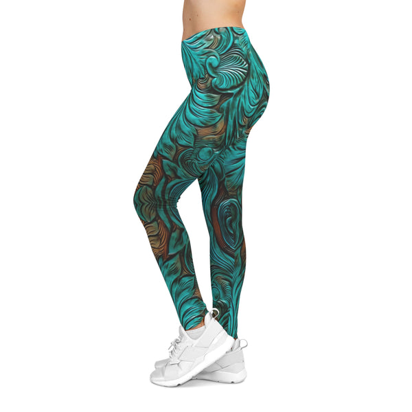 Teal 3D Flowers Women's Casual Leggings