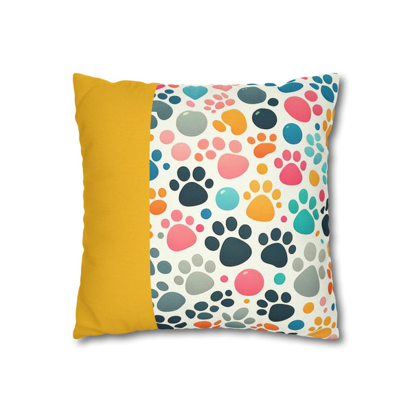 Yellow Dog Paw Print Spun Polyester Square Pillowcase