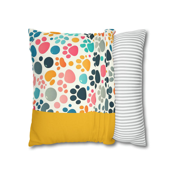 Yellow Dog Paw Print Spun Polyester Square Pillowcase