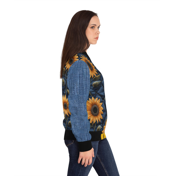 Sunflower 2.0 Denim Print Women's Bomber Jacket