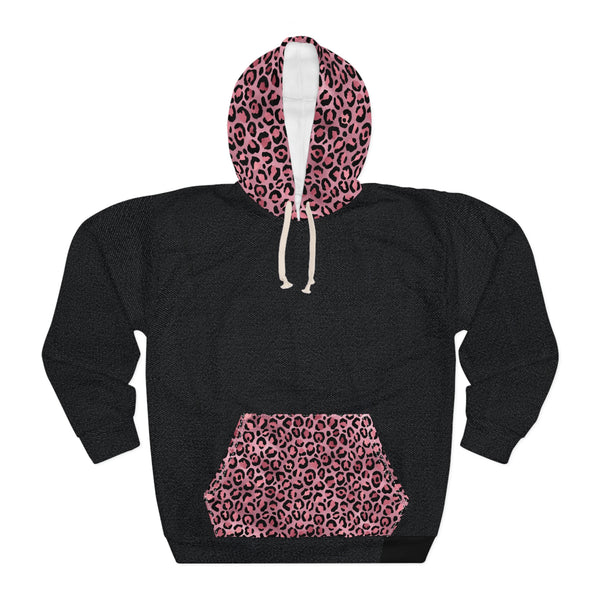 Black Denim Pink Cheetah Woman Pullover Hoodie