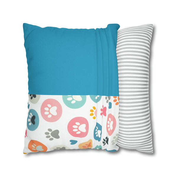 Teal Dog Paw Print Spun Polyester Square Pillowcase