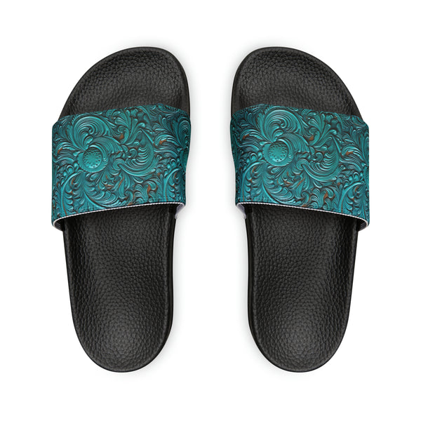 Teal Flower Faux Leather Women's PU Slide Sandals