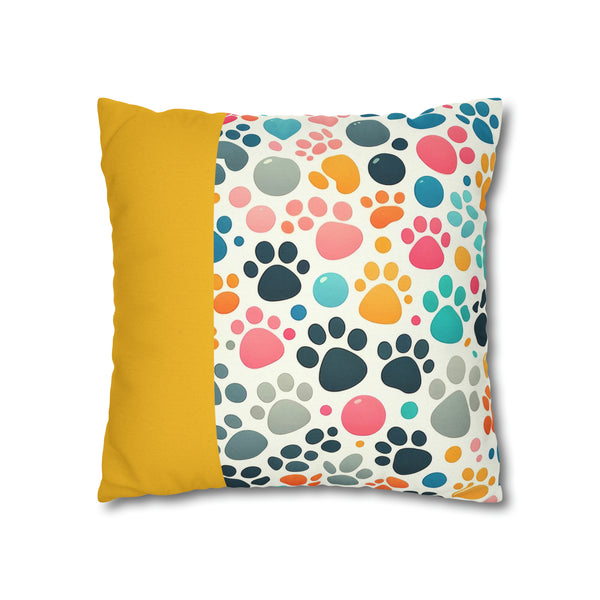 Yellow Dog Paw Print Spun Polyester Square Pillowcase