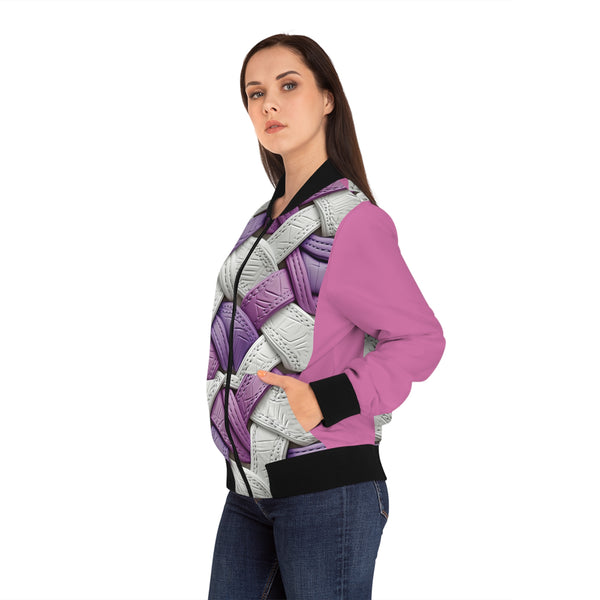 Pink/White Interlocking Faux Leather Women's Bomber Jacket