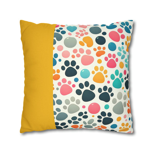 Yellow Dog Paw Print Spun Polyester Square Pillowcase