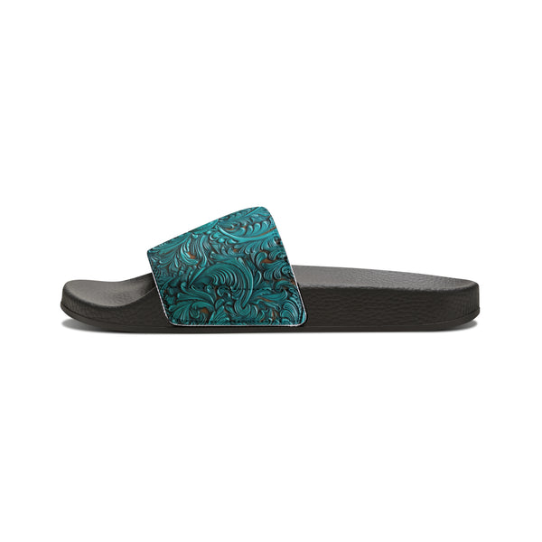 Teal Flower Faux Leather Women's PU Slide Sandals