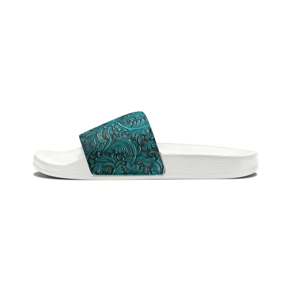 Teal Flower Faux Leather Women's PU Slide Sandals