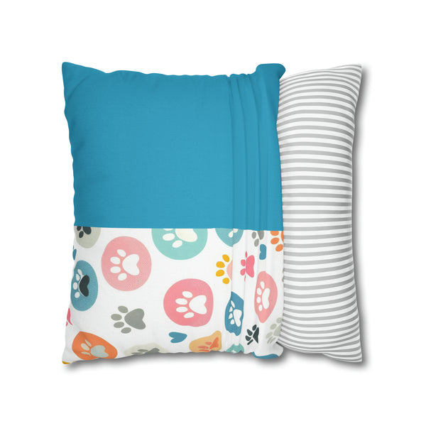 Teal Dog Paw Print Spun Polyester Square Pillowcase