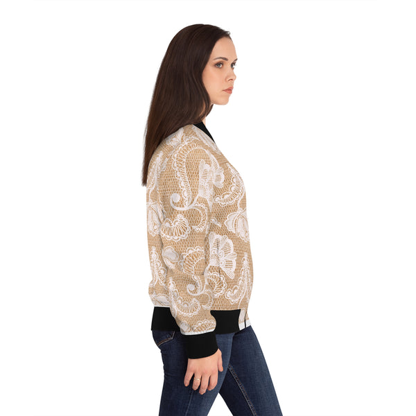 White Lace Print Women's Bomber Jacket