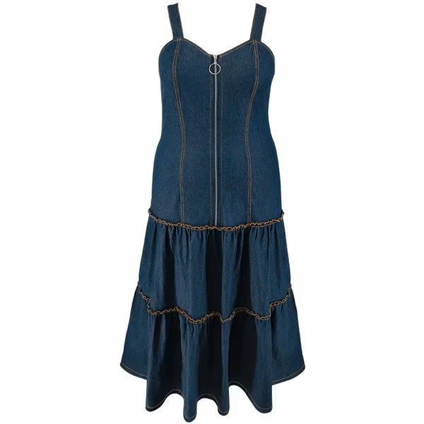 Romantic Sleeveless Collarless Halter Long Denim Dress