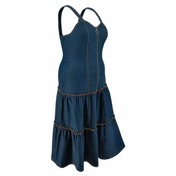 Romantic Sleeveless Collarless Halter Long Denim Dress