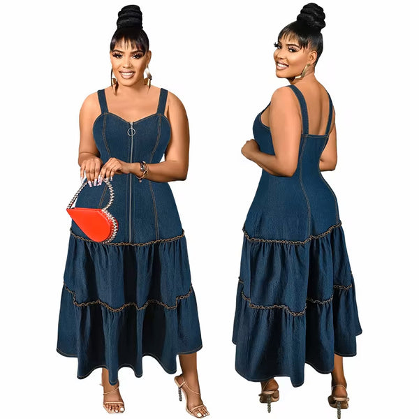 Romantic Sleeveless Collarless Halter Long Denim Dress