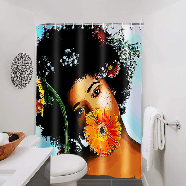 Afro Black Girl Shower Curtain Bathroom Set with Hooks