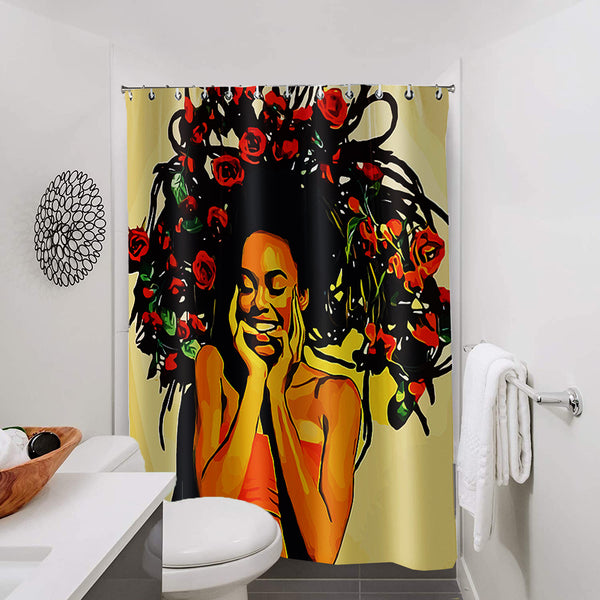 Afro Black Girl Shower Curtain Bathroom Set with Hooks