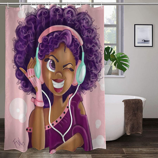 Afro Black Girl Shower Curtain Bathroom Set with Hooks